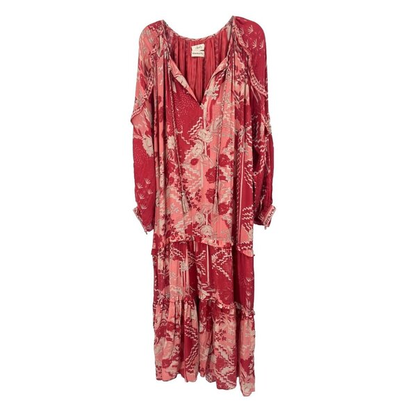 Chufy Memories of Peru Red Maxi Dress Boho Long Sleeve Sz Large